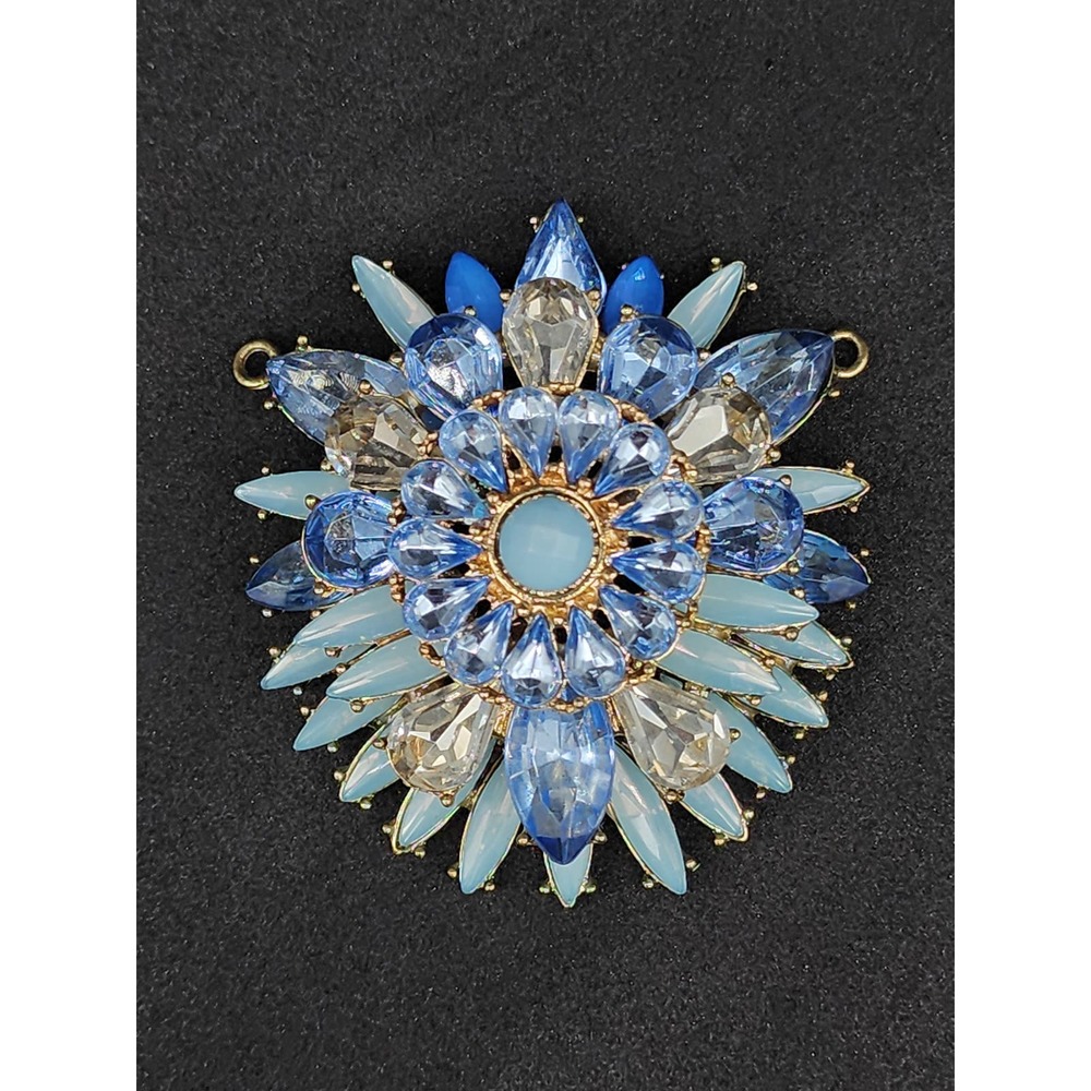 Vintage Blue and Clear Rhinestone Gold-Tone Pendant, Double Shank, Round 2.25"